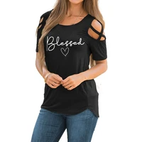 blessed heart printing t shirts women summer clothes vogue graphic casual short sleeve broken shoulder lace up tees