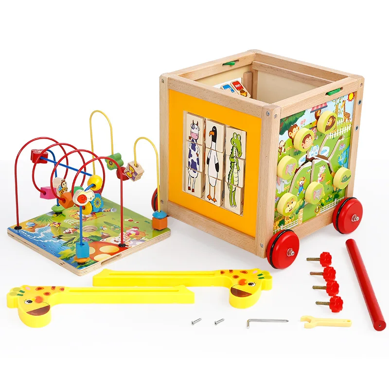childhood education wooden children's walker Baby puzzle round bead cart anti-rollover multi-function toys | Мать и ребенок