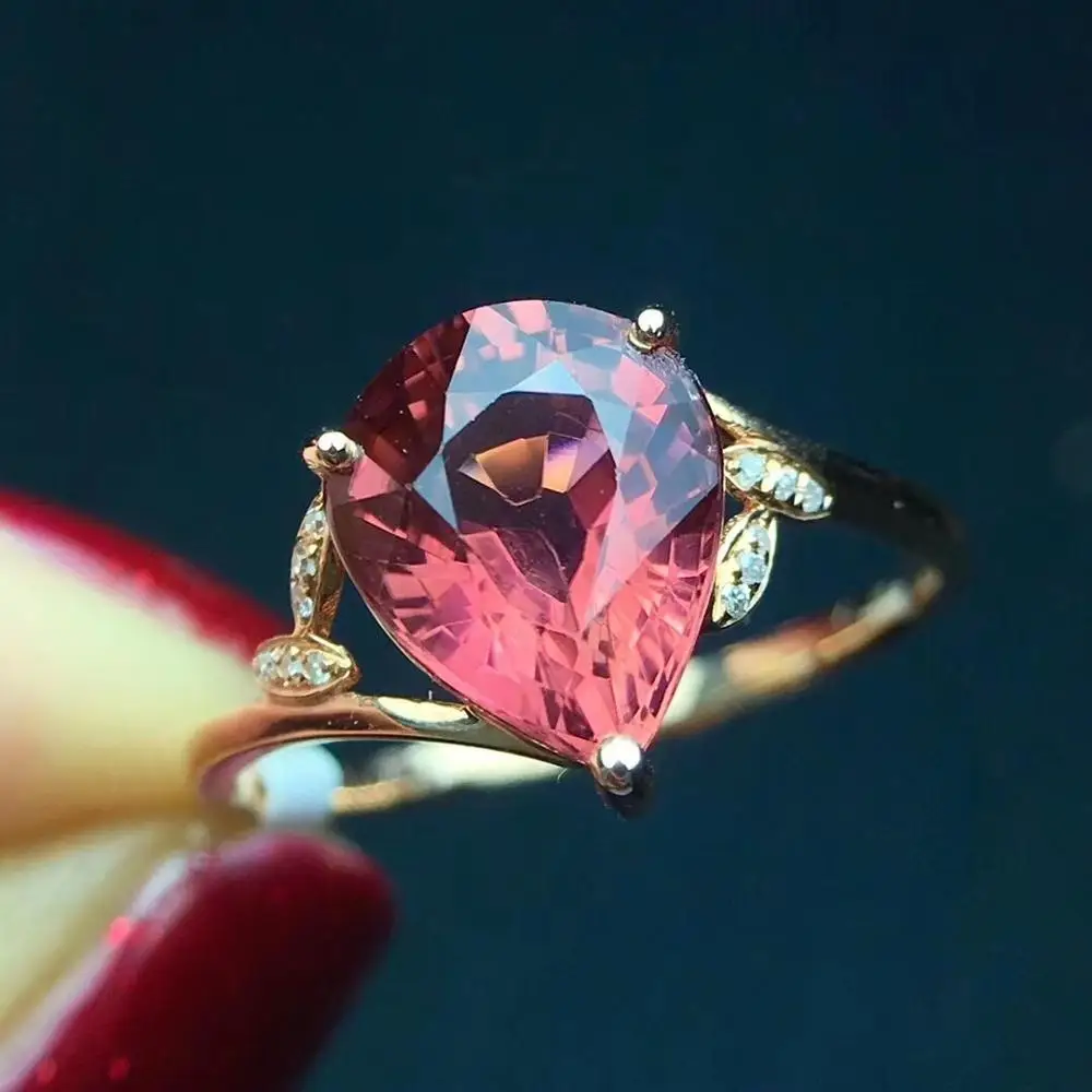 Fine Jewelry Real Pure 18 K Gold AU750 Natural Red Tourmaline Gemstone 2.8ct Female Rings Brazil Origin for Women's Gift