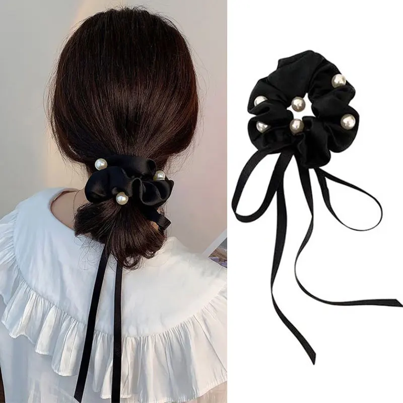 

1PC Bowknot Hair Ring Women's Ribbon Tie Bow Large Intestine Hair Tie Stylish Sweet Small Fresh Imitation Pearls Hair Rings