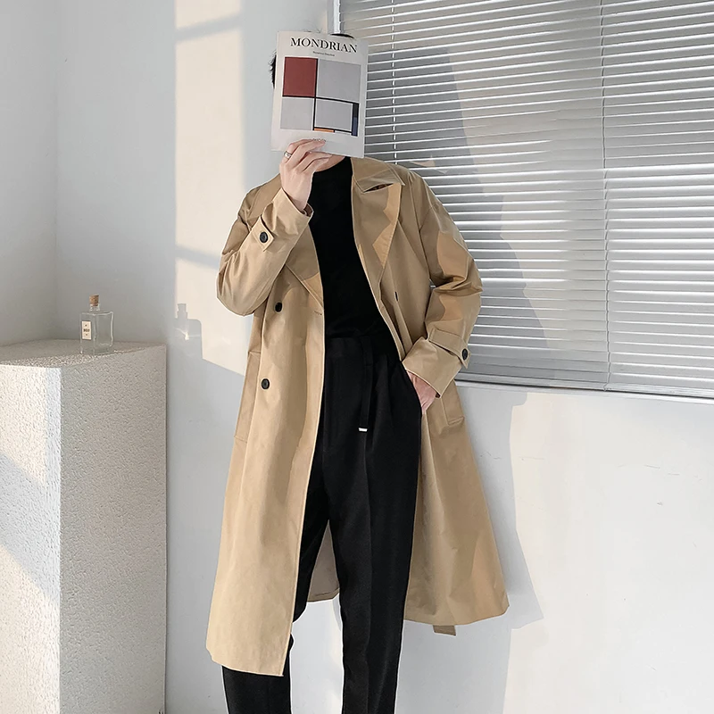 Мужская Длинная ветровка с отложным воротником цвета хаки/черный осенняя