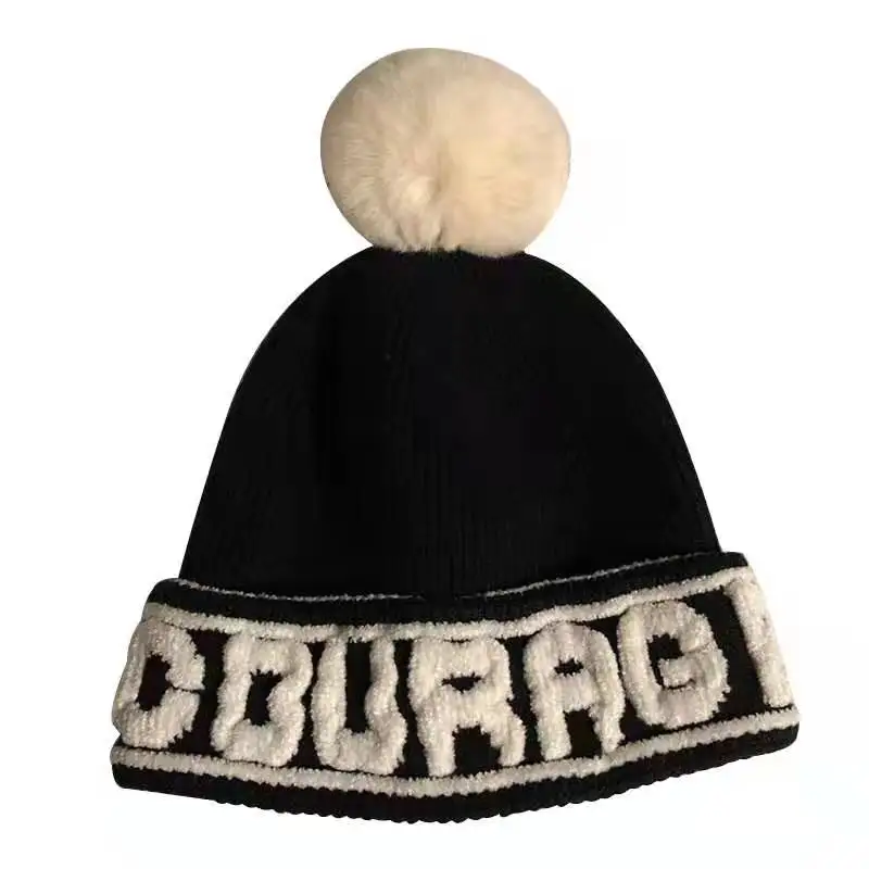 Obsessed with lavender.Hat female autumn/winter letter wool hat black knit hat Korean Japanese cute tide brand ball to keep warm
