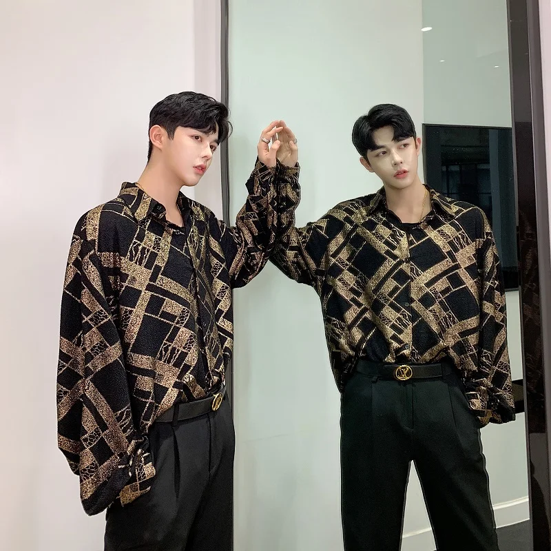 Рубашка мужская с длинным рукавом Свободный кардиган золотым узором деловая