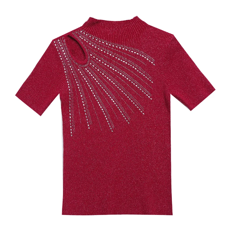 

Spring Summer Tops Hot Rhinestone Short Sleeve T-shirt Female Korean Half High Neck Women Hollow out Knitwear shirt