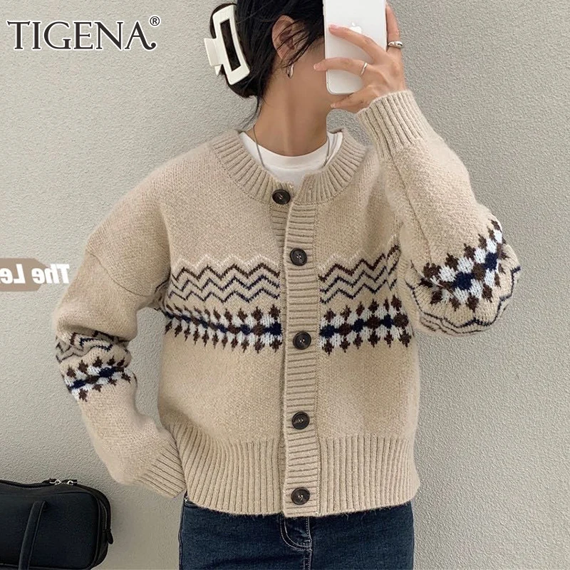 

Женский трикотажный кардиган с волнистыми полосками TIGENA, однобортный Кардиган на пуговицах с длинным рукавом для весны и осени 2021