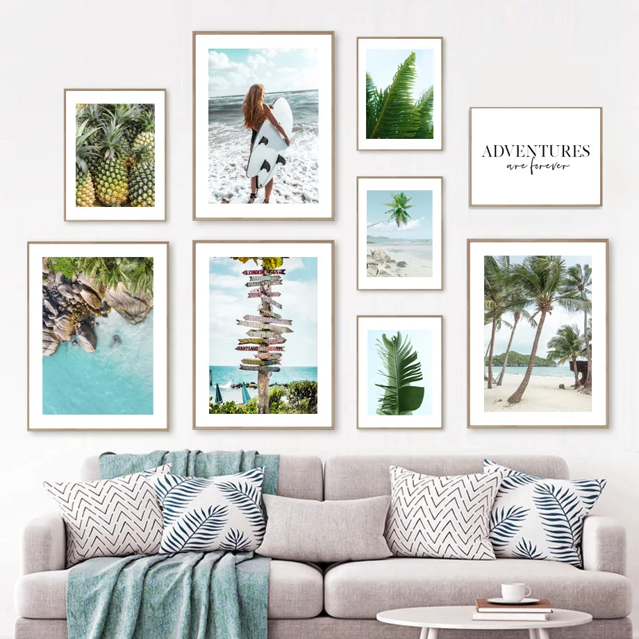 

Caribbean Beach Surf Palm Tree Pineapple Road Sign Nordic Poster Wall Art Print Canvas Painting Decor Pictures For Living Room