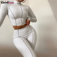 weird puss fitness women tracksuit ribbed striped stretchy 2 piece set long sleeve crop topleggings casual matching slim outfit
