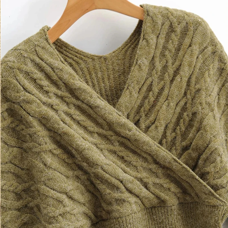 

Cross Green Pullover Deep V-neck Sexy Linen Flower Woman Sweaters Autumn New Fashion Casual Streetwear OL Winter Clothes Sweater