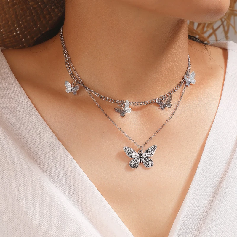Женское ожерелье с подвеской-бабочкой Tocona винтажное серебристое многослойное