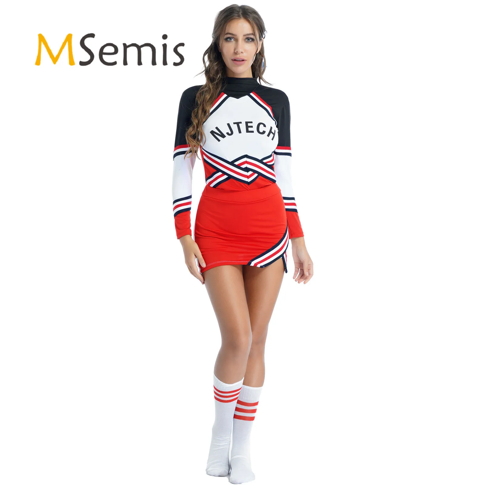 

Women Schoolgirl Cheerleader Role Play Costume Contrast Color Outfits Striped T-shirt with Mini Skirt Bowknot Headwear Stocking