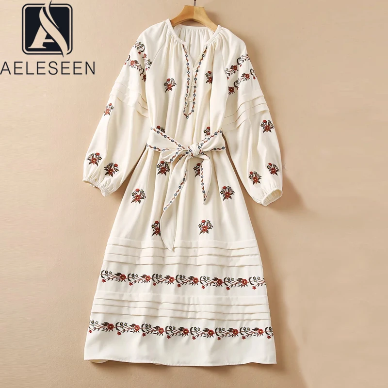 AELESEEN модель последних модных показов; Женское платье с v-образным вырезом и рукавом-фонариком, с цветочной вышивкой и поясом элегантные длин...