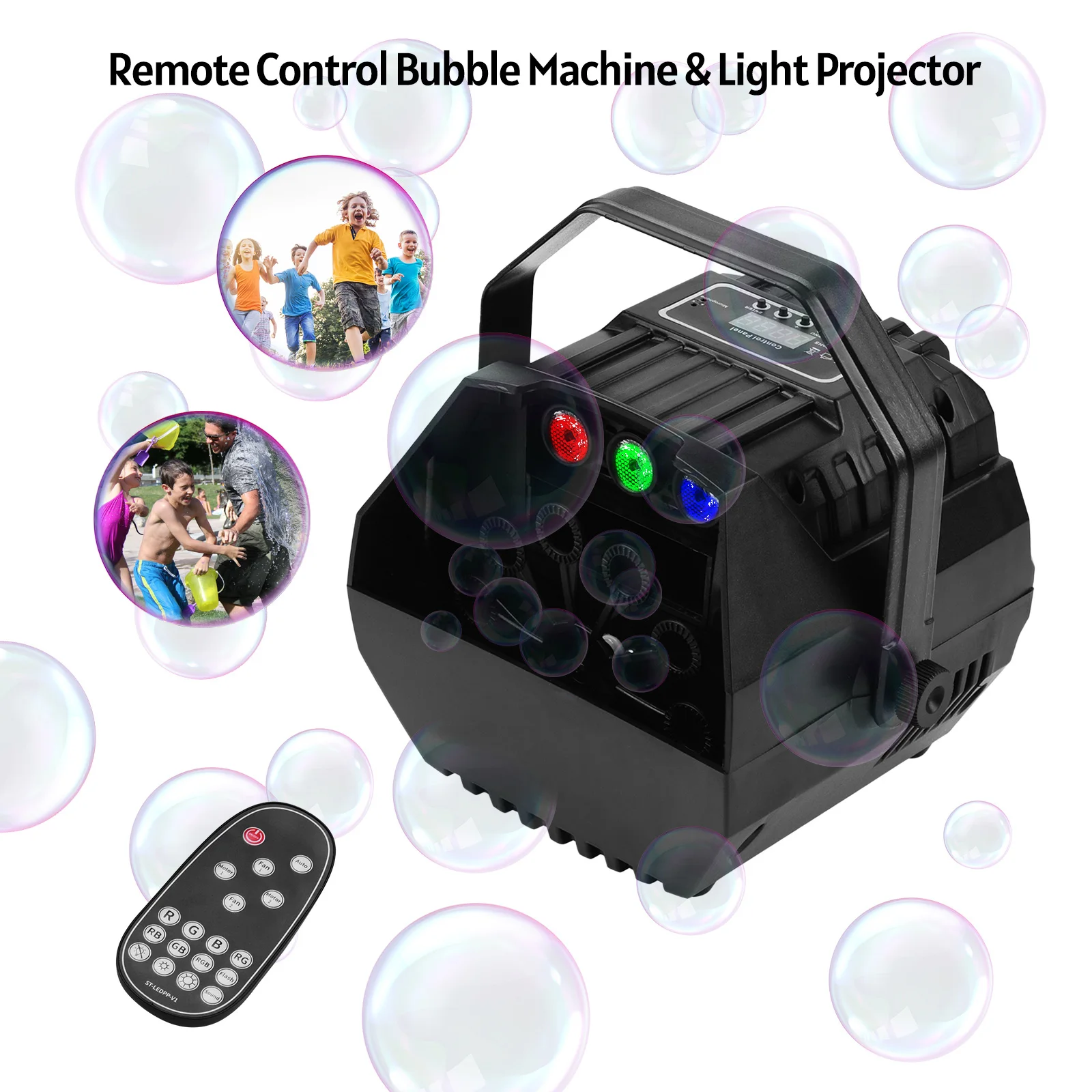 

Muslady LED Automatic Bubble Machines Projector Sound Activated Control for Stage Wedding Decoration with U-shape Handle Remote