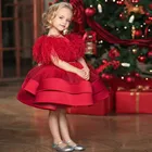 Красное детское платье, платье маленькой принцессы с перьями, платье для новорожденных на год и день рождения, платье для рождественской вечеринки, детская одежда