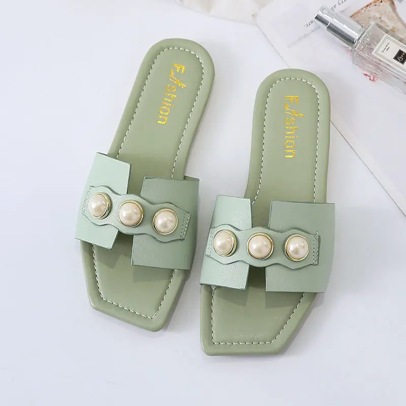 Шлепанцы женские с жемчугом Нескользящие плоская подошва пляжная обувь модные