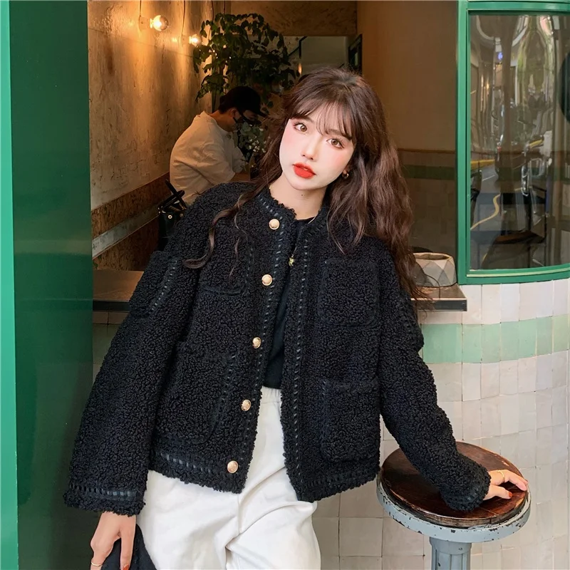 

Autumn Winter Small Fragrance O-Neck Lambswool Jackets Women Korean Chic Elegant Short Coat Casual Loose Lady Vintage Outerwear