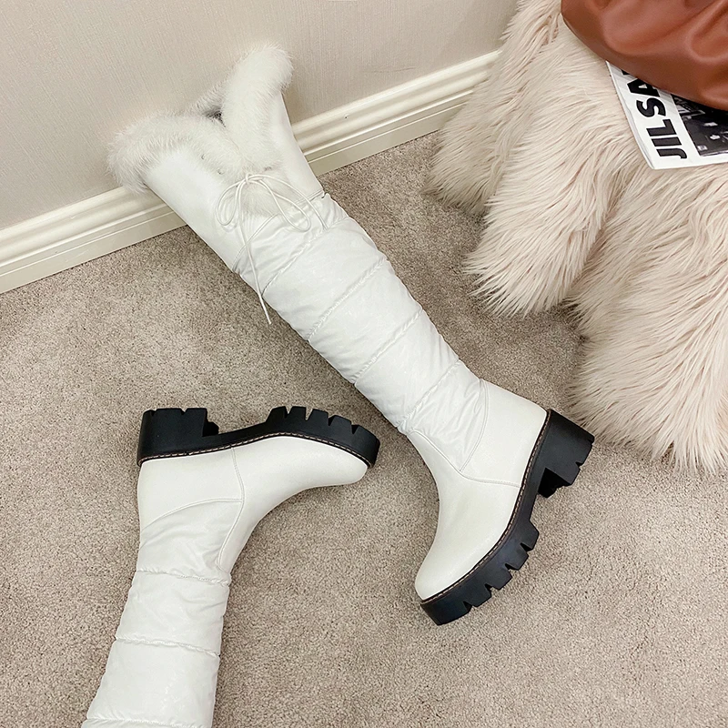 

2020 Women Boots Warm Fur knee high snow Boots shoes Women Slip-On thick high heels waterproof Snow Boots shoes Muje size 43