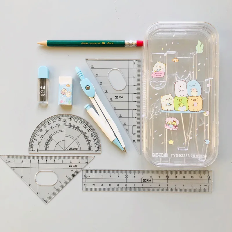 8 in 1 Cute Cartoon Sumikko Gurashi Compass Set Drawing Ruler Eraser Pencil Geometry Protractor for Students School Office | Канцтовары