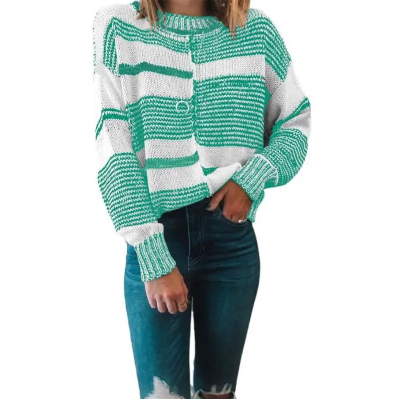 

Women Autumn Long Sleeve O-Neck Sweater Geometric Stripes Irregular Patchwork Loose Tops Rib Trim Knitted Pullover Jumper Street