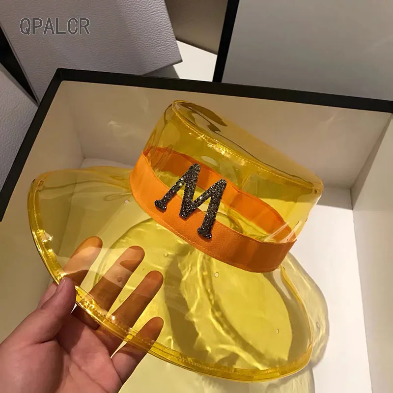 

QPALCR Sun Hat Fashion Women's Bucket Hats PVC Solid Top Yellow Panama Fisherman Caps Travel Trend Hat Female Trend Hot Drilling