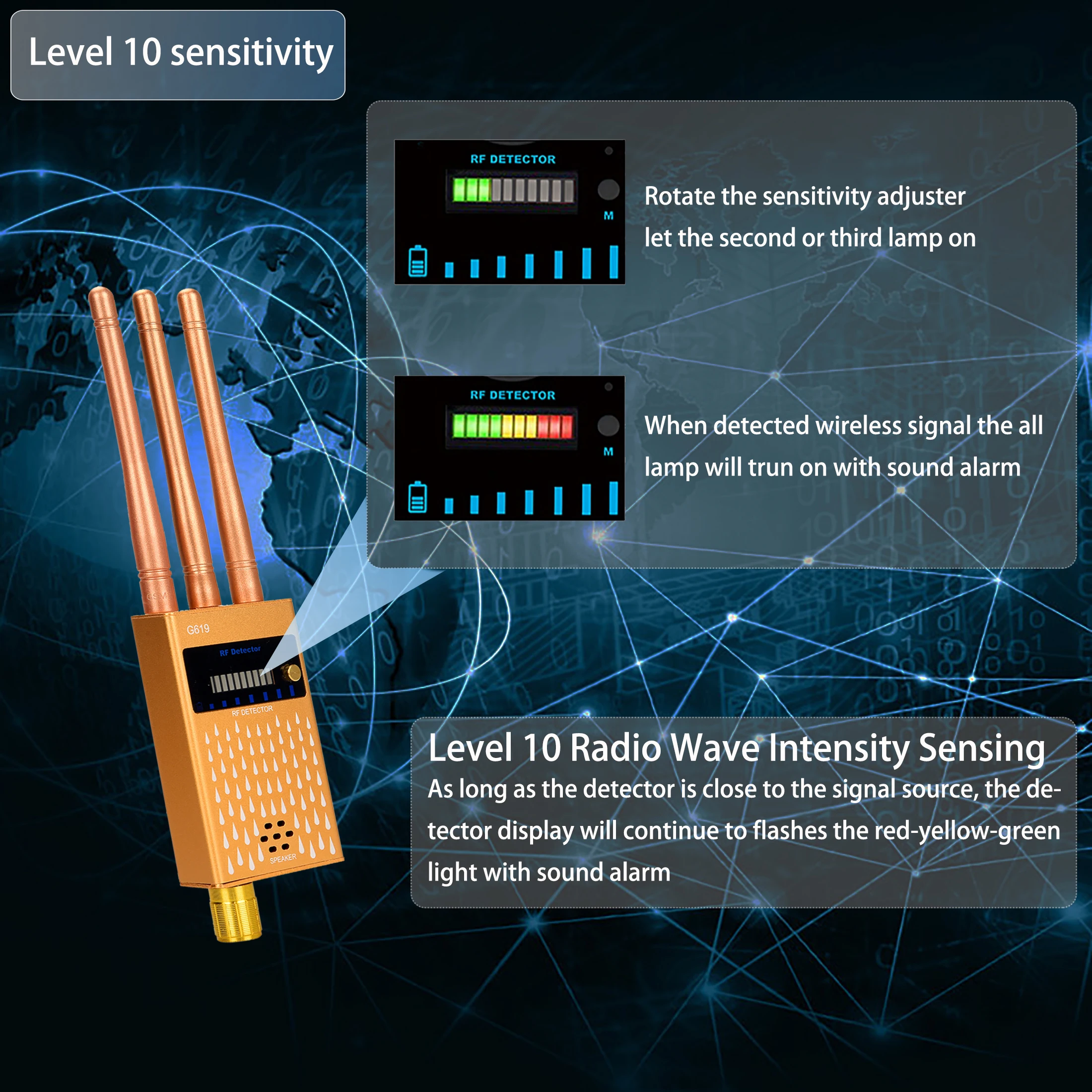 g619 multifunction anti spy detector rf signal finder for gsm bug gps tracker wireless hidden camera eavesdropping 3 antennas free global shipping