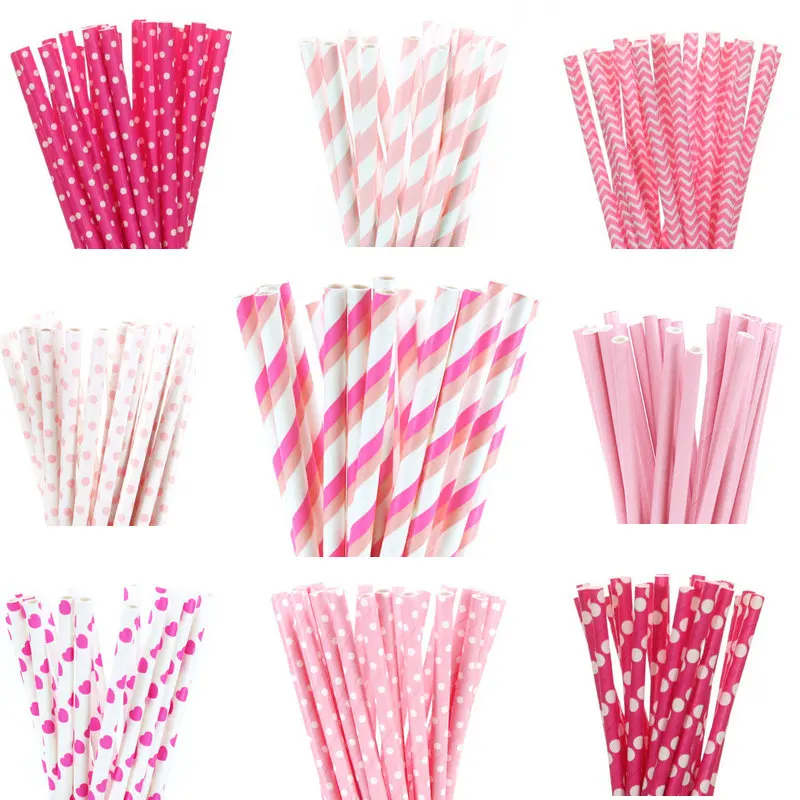 

25pcs/lot Pink Paper drinking straws Baby Shower Wedding Party Birthday Cupcake Flags Decoration Supplies Paper Drinking Straws