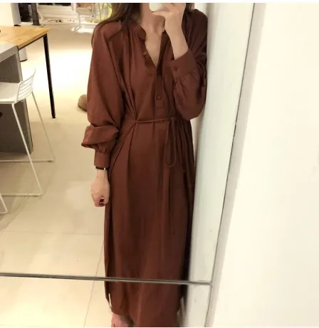 Женское длинное свободное платье рубашка офисное коричневое с длинным рукавом
