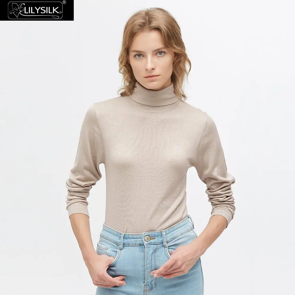 Greige LilySilk Шелковый вязаный Топ Элегантный черепаха шеи женщин - Цвет: Greige