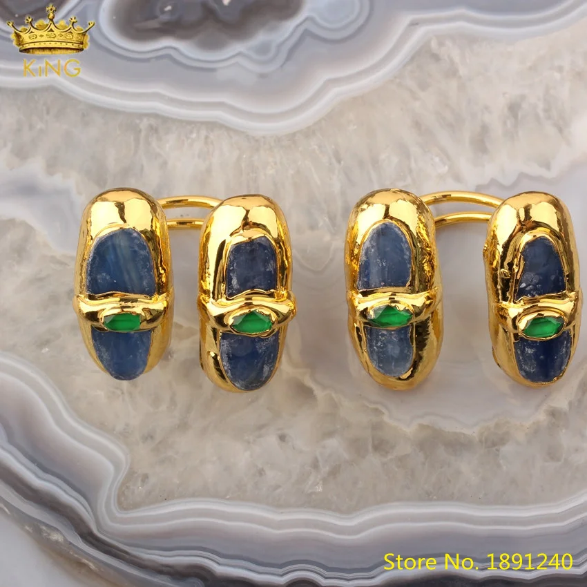 

5pcs Natural Blue Kyanite Stone Slab Beads Open Finger Rings Jewelry,White Pearl Beads Gold Adjustable Rings Jewelry For Women