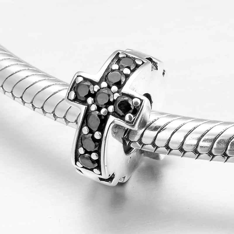 Бусина-пробка из серебра 925 пробы с черным фианитом для изготовления браслетов |