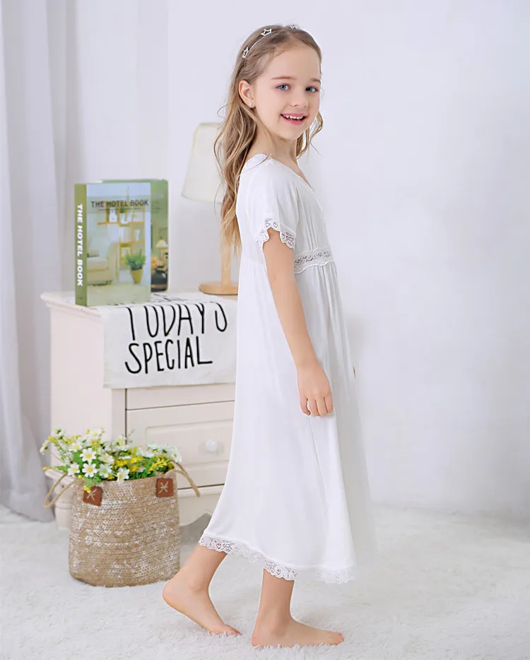 Летняя кружевная ночная рубашка для девочек белая хлопковая мягкая длинная