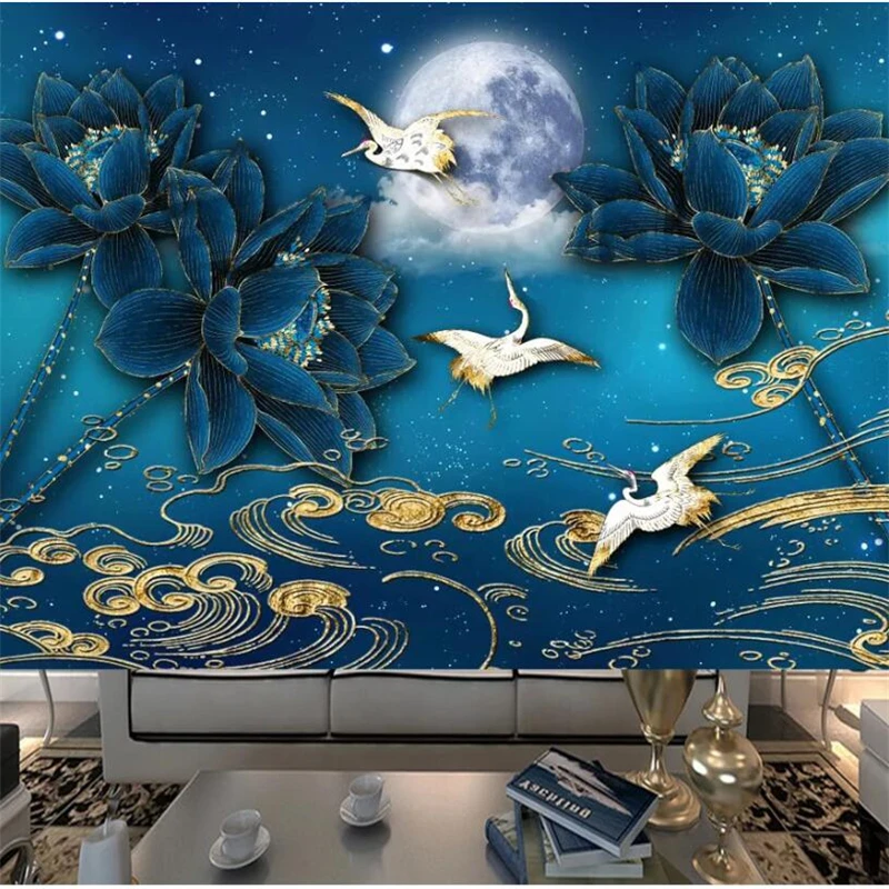 beibehang Customized large mural new Chinese style national tide golden blue lotus TV background wall wallpaper | Обустройство дома