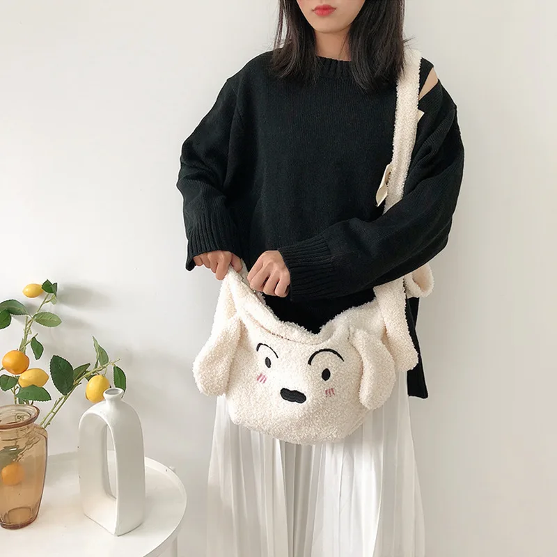 

Imitation Lamb Hair Shoulder Bag Embroidery Cute Dog Zipper Crossbody Bags Womens Adjustable Shoulder Strap Messenger Bags Bolsa