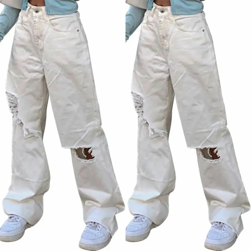 

Women Ripped Boyfriend Jeans Korean High Waist Denim Pants Hip Hop Dance Long Trousers
