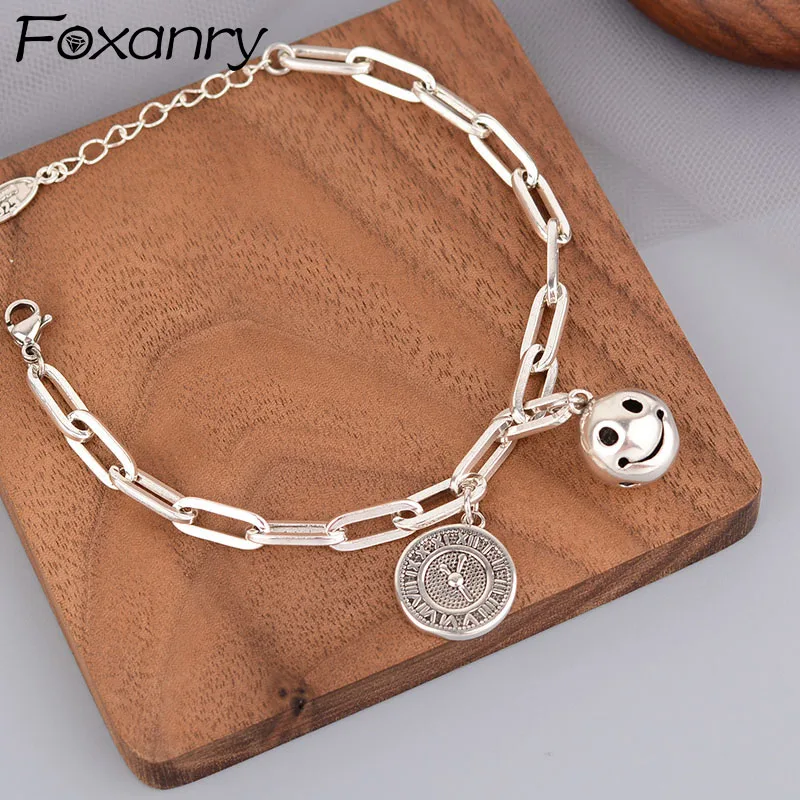 

Браслеты Evimi из серебра 925 пробы с толстой цепочкой, Модные Винтажные Парные браслеты из тайского серебра со смайликом и циферблатом