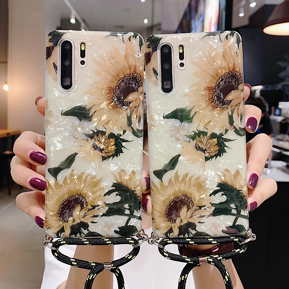 

Vintage Flower Phone Case For Huawei P40 Pro P30 P20 Lite Mate 30 20 Pro Crossbody Lanyard Soft Dream Shell Back Cover