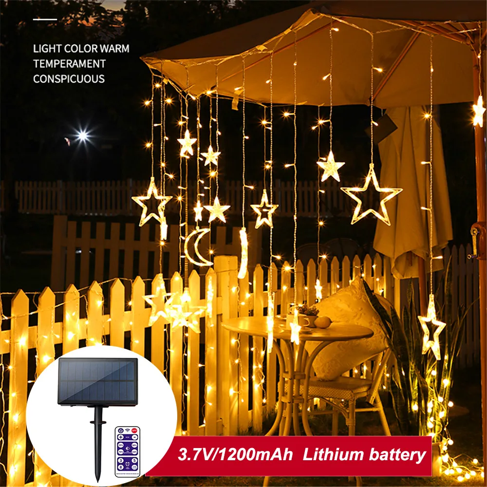 123LED солнечный светильник Фея Луна Звезды Шторы с пультом дистанционного