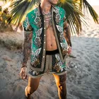 Мужские Гавайские комплекты с принтом, рубашка с отложным воротником и короткими рукавами и шорты, летняя модная уличная одежда, мужские костюмы из двух предметов