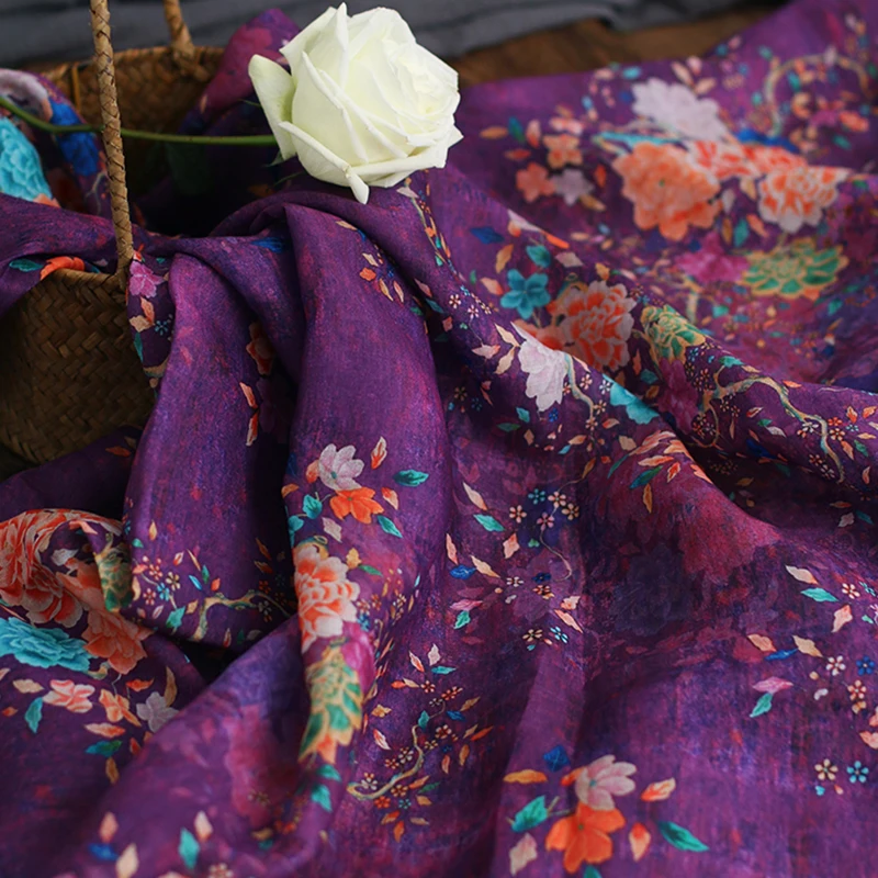 

High quality new natural ramie fabric Beautiful Purple flower printing sewing Skirt lining dress shirt bag material