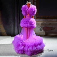 2020 2021 new trend puffy purple tulle prom dresses draped ruffles illusion floor length formal evening party gowns vestidos