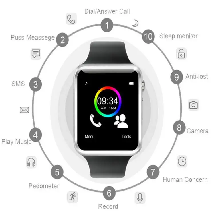 Наручные часы A1 Bluetooth Смарт часы спортивные Шагомер с сим-камерой Smartwatch для Android смартфон Россия T15 хорошо чем GT08