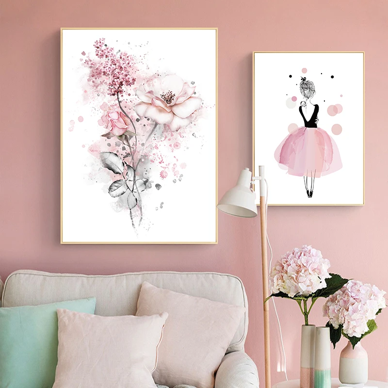 Акварельные розовые постеры принцессы и принты балетные цветы для девочек
