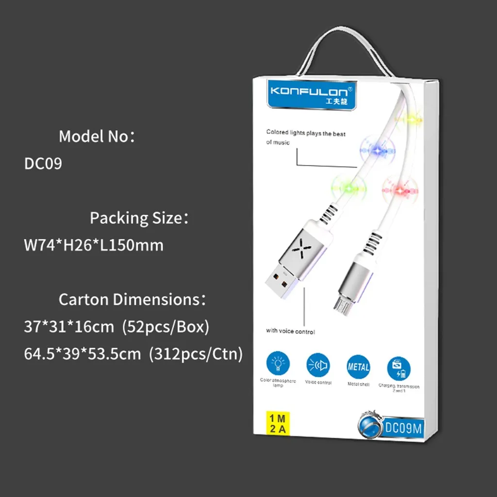 Микро Usb кабель 1 м Голосовая активированная подсветка быстрое зарядное