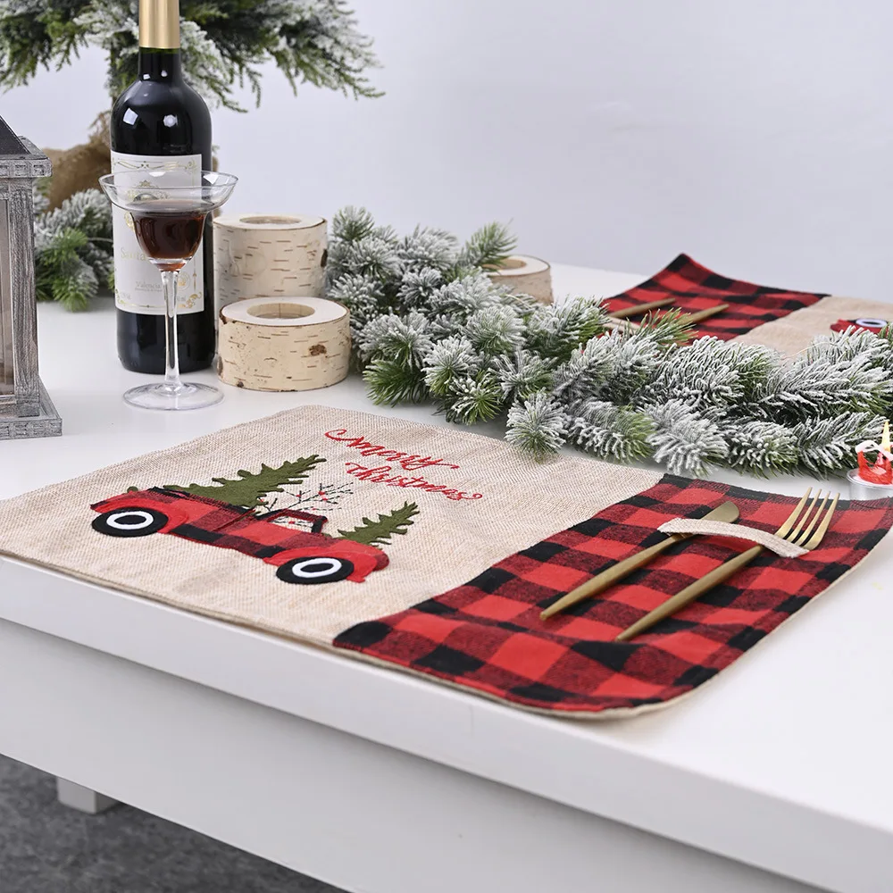 

Christmas Classic Plaid Placemat with Cutlery Slot Non Slip Decorative Rectangular Festival Table Dishes Mat for Kitchen ALS88