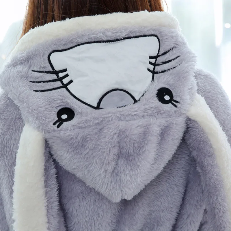 

Women Bathrobe Hooded Robe 2020 Ladies Cartoon Cute Winter Warm Casual Flannel Kimono Dressing Gowns Thick Long Bath Robes