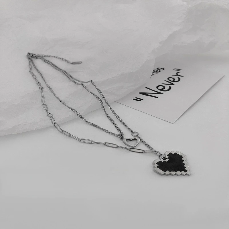 

U-Magical Fashion Double Layer Mosaic Love Heart Pendant Necklace for Women Metallic Black Hollow Out Chain Necklace Jewelry