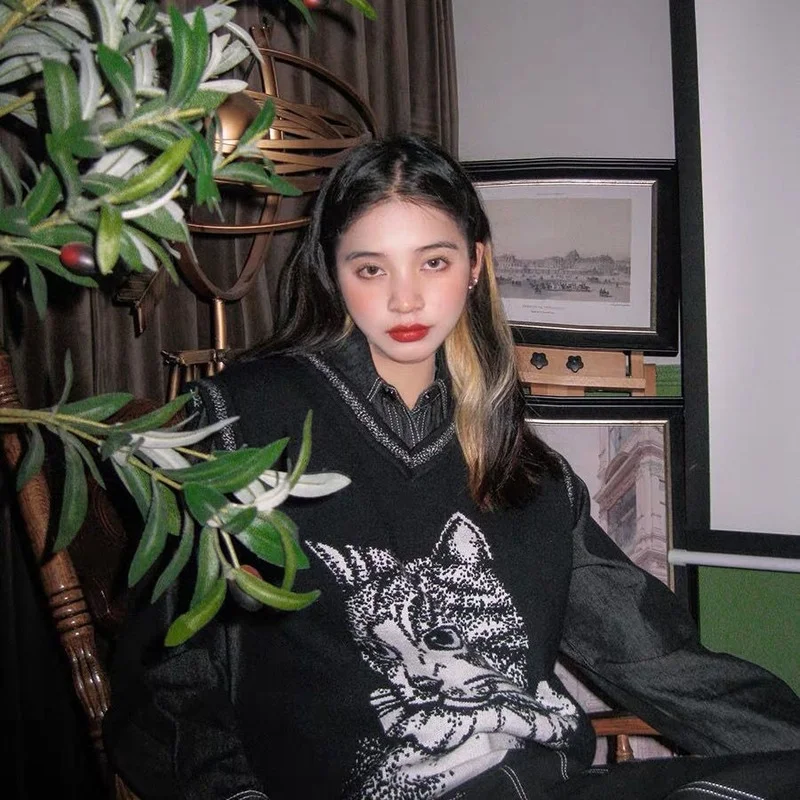 Женский винтажный жилет koshiki в стиле Харадзюку С мультяшным принтом кота и