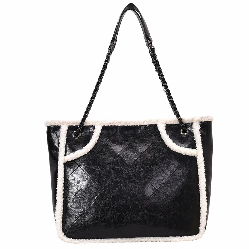 Сумка на плечо из овечьей шерсти Женская вместительная модная черная сумочка