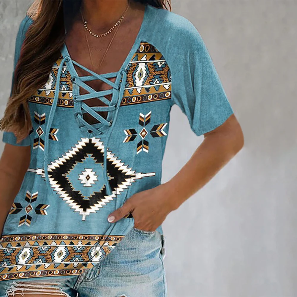 

Retro Ethnic Print Drawstring Collar Tops Hollow Out Cross Strap T-shirt Women Summer Casual Short Sleeve Fashion Female Tee D30
