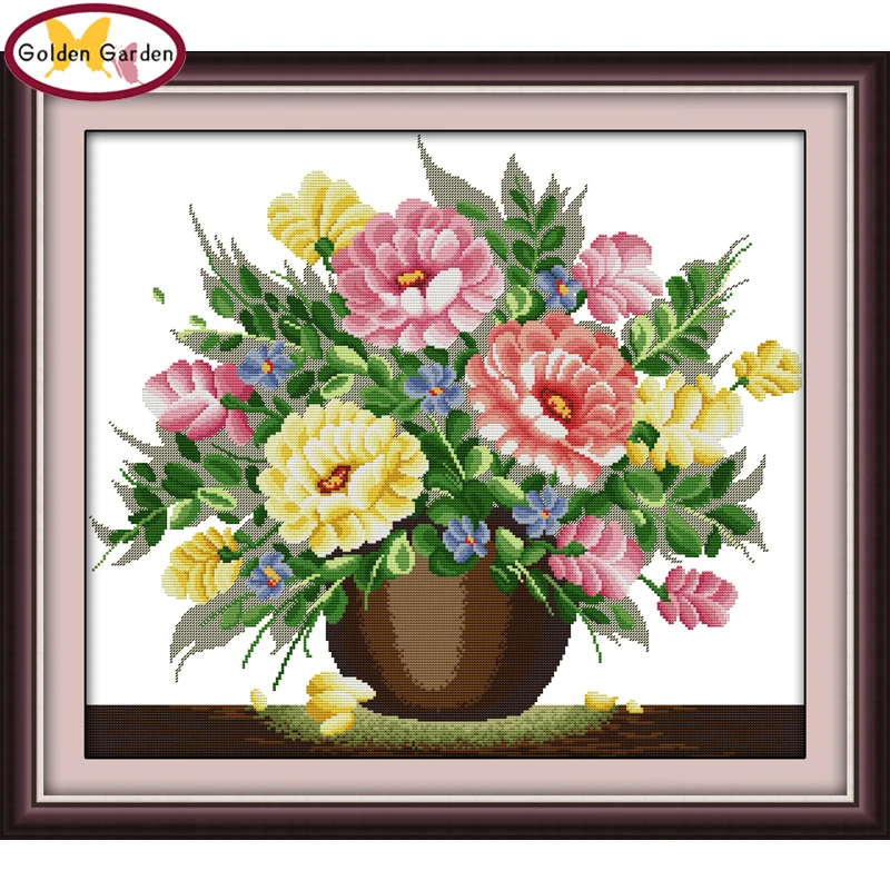 

GG Liquid Powder Flower Painting Counted Print on Cloth 11CT14CT JoySunday Cross Stitch Needlework Embroidery Set for Home Decor