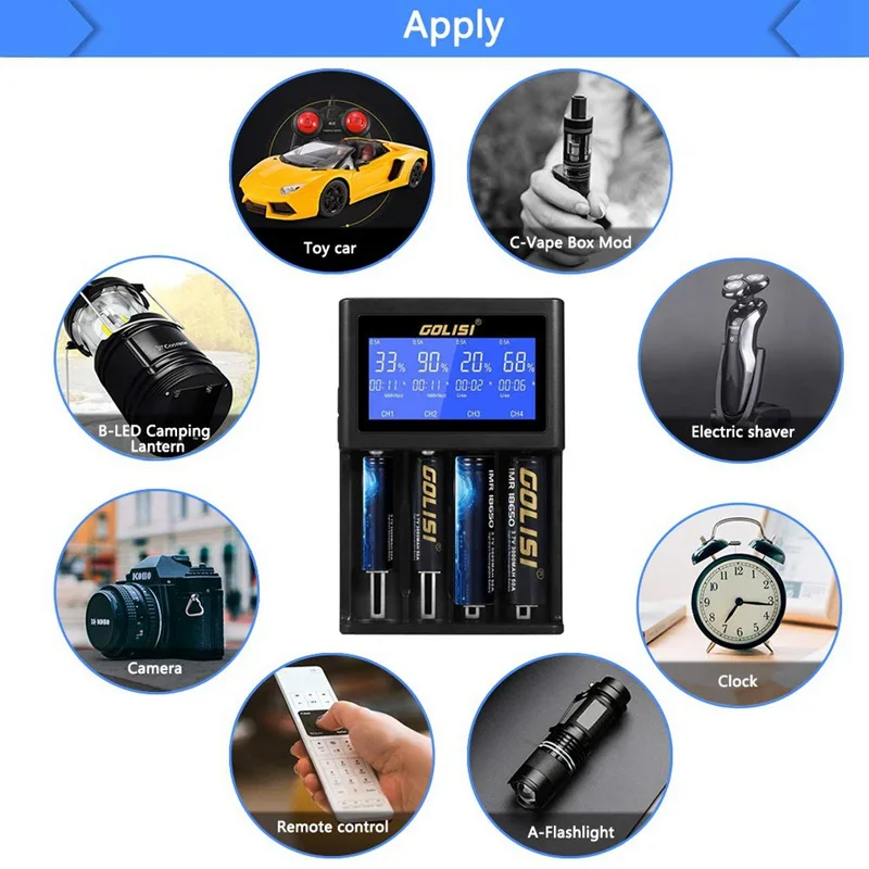GOLISI i4 Smart Charger 18650 26650 20700 Аккумулятор ЖК-дисплей USB 4 слота Зарядка AA AAA Интеллектуальное быстрое зарядное устройство 2A